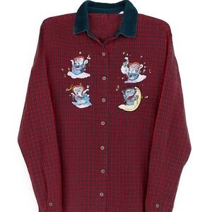 Vintage Red Flannel Shirt – Bear Moon Corduroy Collar Grunge Emo Embroidery ✨🐻🌙